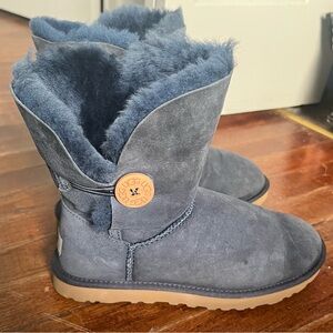 UGG Blue Suede Fur Lined Mini Bailey Button Womens Boots NWT